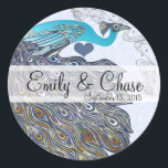 Sticker Rond Corail gris Aqua Peacock Plumes Mariage<br><div class="desc">voir plus vintage paon oiseau Peacock Wedding Invitations Vintage Art nouveau Peacock Bird Parade Mariage -voir plus Vintage Bird Products Vintage Paisley Peacock Colors ou Fuchsia and Lime Paisley Faire-part de mariage -Paisley Peacock Colours Wedding Invitations, RSVP, Save the Date and Direction or Reception Cards. Cartes RSVP et Place RSVP...</div>