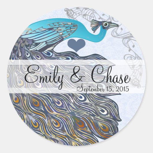 Sticker Rond Corail gris Aqua Peacock Plumes Mariage (Devant)