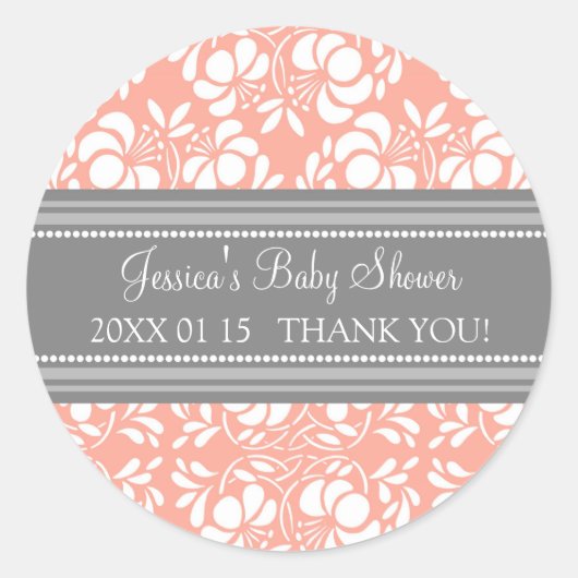 Sticker Rond Corail gris Damask Baby shower Favoriser les autoc (Devant)