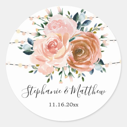 Sticker Rond Corail rose Dusty Mariage à cordes botaniques (Devant)