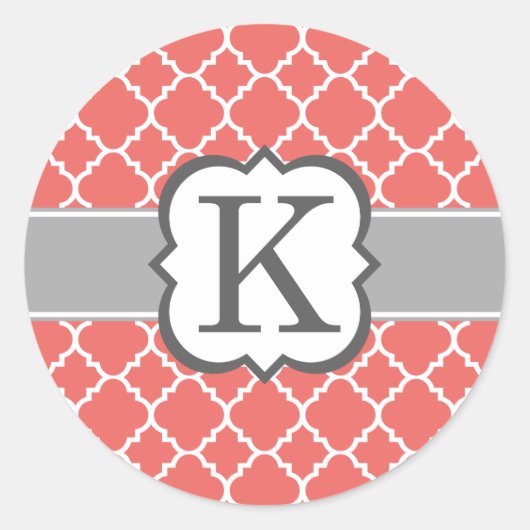 Sticker Rond Coral blanc monogramme K Quatrefoil (Devant)