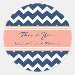 Sticker Rond Coral bleu Chevron Merci Mariage Faveur Tags