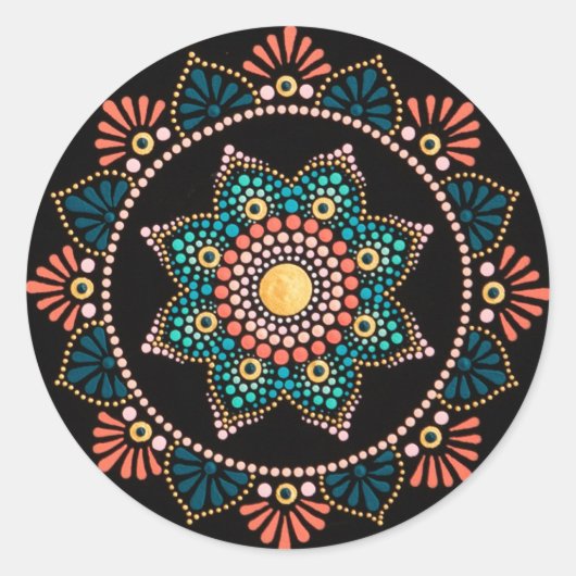 Sticker Rond Coral bleu Mandala, Géométrie Sacrée Boho Ethnique (Devant)