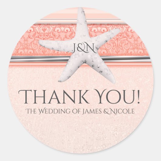 Sticker Rond Coral Orange & White Starfish Plage Mariage Favori (Devant)
