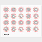 Sticker Rond Coral rose Chevron Zigzag Gris Monogramme (Feuille)