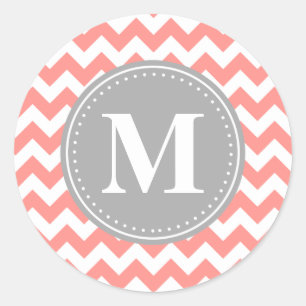Sticker Rond Coral rose Chevron Zigzag Gris Monogramme