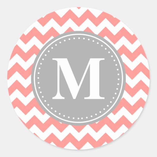 Sticker Rond Coral rose Chevron Zigzag Gris Monogramme (Devant)
