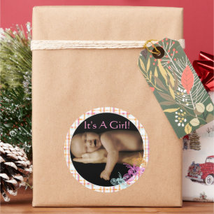 Sticker Rond Coral rose mignon bébé fille avec votre photo bébé