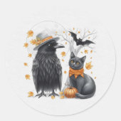 Sticker Rond Corbeau et chat Halloween Automne Crow (Devant)