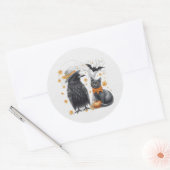 Sticker Rond Corbeau et chat Halloween Automne Crow (Enveloppe)