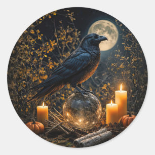 Sticker Rond Corbeau mystique inspiré de Samhain pour sorcière