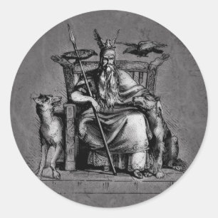 Sticker Rond Corbeaux d'Odin sur Trône de Pierre Mythologie Vik