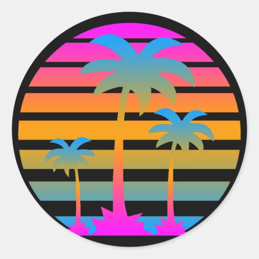 STICKER ROND COREY TIGER RETRO SUNSET PALMIERS (Devant)