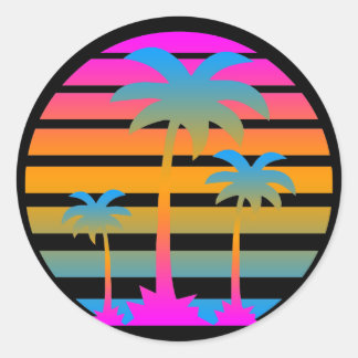 STICKER ROND COREY TIGER RETRO SUNSET PALMIERS