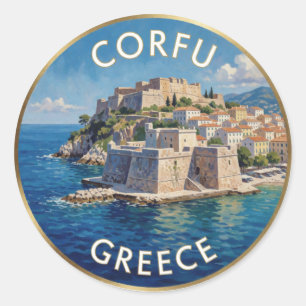 Sticker Rond Corfou Grèce Vieille Forteresse Mer Ionienne Voyag