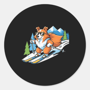 Sticker Rond Corgi alpin sur skis Lunettes de soleil cool Scène