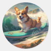 Sticker Rond Corgi Beach Surf Peinture (Devant)