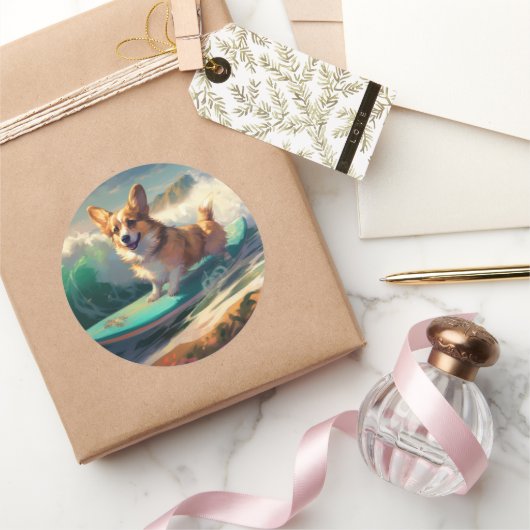Sticker Rond Corgi Beach Surf Peinture (Cadeaux)