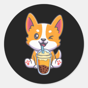 Sticker Rond Corgi Boire Boba Bubble Thé Boire Chien Anime Kaw