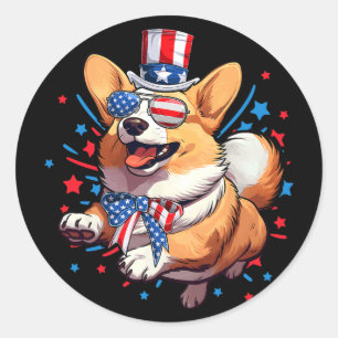 Sticker Rond Corgi Chien 4 Juillet Américain Drapeau États-Unis