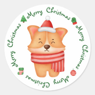 Sticker Rond Corgi Chien Chien mignonne Festif Père Noël Joyeux