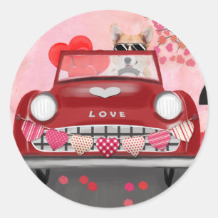 Sticker Rond Corgi Chien Conduisant Voiture avec coeurs Saint-V