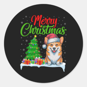 Sticker Rond Corgi Chien Feux de Noël Feux de Noël Fantastique 