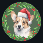 Sticker Rond Corgi Christmas Chien Chien Chien Chien Chien Mail<br><div class="desc">Autocollant de Noël de vacances avec une aquarelle Pembroke Welsh Corgi et aquarelle conception de couronne de Noël sur le devant. Parfait avec la carte de Noël Corgi et les étiquettes d'adresse de retour postale!</div>