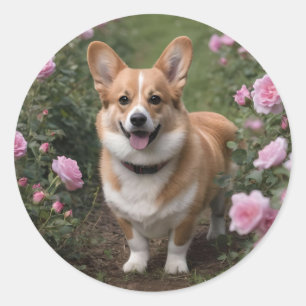 Sticker Rond Corgi Dans Les Roses Rose,