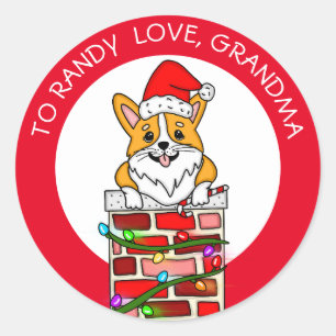 Sticker Rond Corgi de Noël personnalisé - Tags Cadeau - De et v