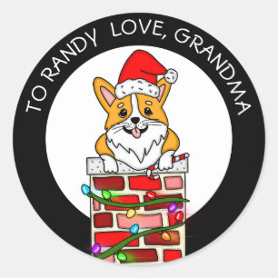 Sticker Rond Corgi de Noël personnalisé - Tags Cadeau - De et v