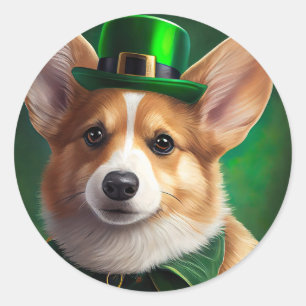 Sticker Rond Corgi Dog en robe de fête St. Patrick