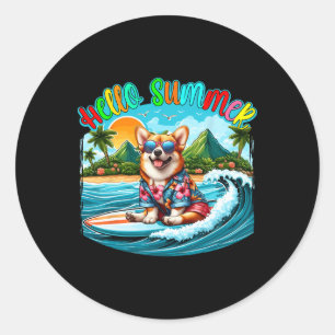 Sticker Rond Corgi en costume d'été lunettes de soleil surfant