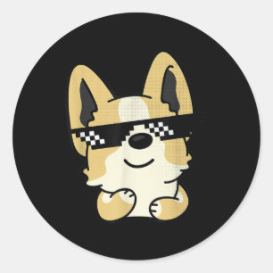 Sticker Rond Corgi Mème Pixel Lunettes de soleil mignon chien