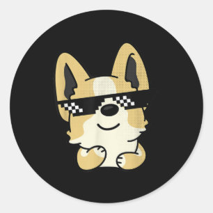 Sticker Rond Corgi Mème Pixel Lunettes de soleil mignon chien