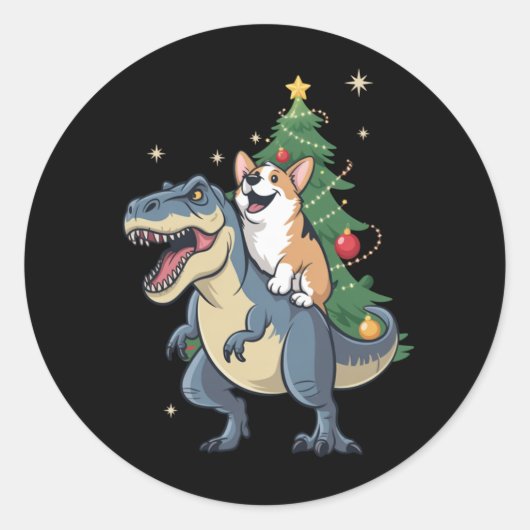 Sticker Rond Corgi Noël Dinosaur Arbre Rex Fêtes Noël (Devant)