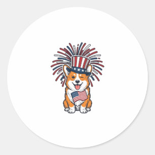 Sticker Rond Corgi Patriote Feu d'Artifice Chien Vector Design_