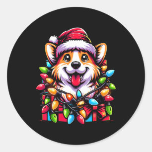 Sticker Rond Corgi Père Noël Lumières de Sapin de Noël Xmas Gar