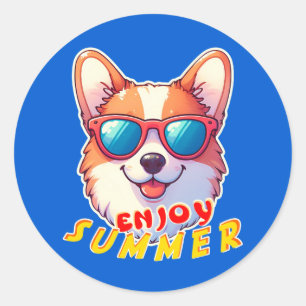 Sticker Rond Corgi porte des lunettes de soleil Profitez de l'é