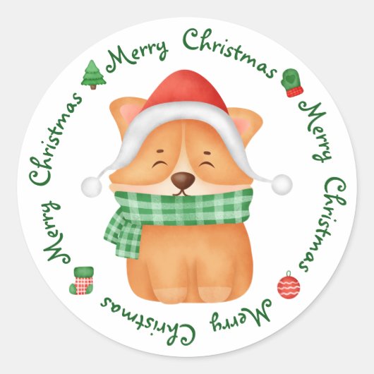 Sticker Rond Corgi Puppy Père Noël Chien mignonne Festin Joyeux (Devant)