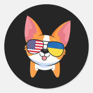Sticker Rond Corgi Sungles États-Unis Drapeau américain ukraini