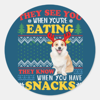 Sticker Rond Corgi Ugly Christmas They See You're Eating Xmas