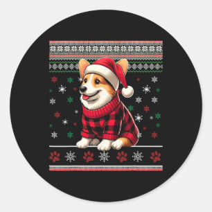 Sticker Rond Corgi Ugly Funny Noël Santa Hat Buffalo Plaid