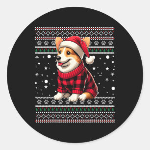 Sticker Rond Corgi Ugly Funny Santa Hat Buffalo Plaid Noël