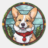 Sticker Rond Corgi vitrail de Noël (Devant)