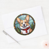 Sticker Rond Corgi vitrail de Noël (Enveloppe)