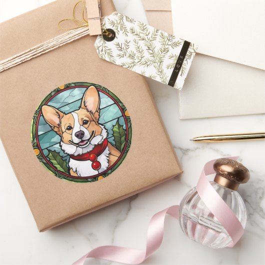 Sticker Rond Corgi vitrail de Noël (Cadeaux)