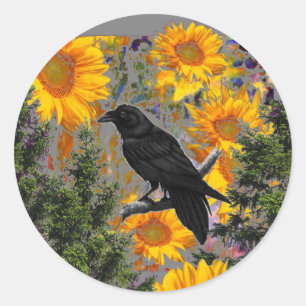 Sticker Rond corneille noire & tournesols art