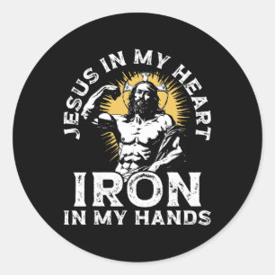 Sticker Rond Corps de bodybuilder chrétien Jésus et gym religie