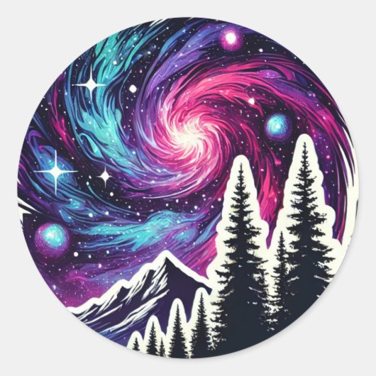 Sticker Rond Cosmic Forest: Galaxy Meets Nature (Devant)